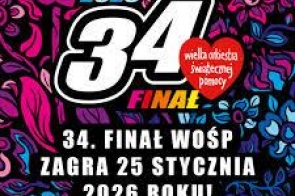 Plakat 34. Finału WOŚP z dużą liczbą „34” i czerwonym sercem fundacji. Kolorowe, kwiatowe tło w odcieniach różu i niebieskiego. Napis: „34. Finał WOŚP – zagramy na stycznia 2026 roku”.