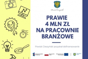 Herb Powiatu Cieszyńskiego i duży napis o przeznaczeniu prawie 4 mln zł na pracownie branżowe, poniżej informacja o dofinansowaniu i logotypy programów, po bokach proste ikony związane z techniką i nauką.