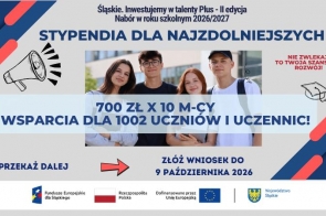 Grafika informacyjna o naborze do programu „Śląskie. Inwestujemy w talenty Plus – II edycja”. Na środku zdjęcie czworga młodych osób oraz informacja: 700 zł miesięcznie przez 10 miesięcy – wsparcie dla 1002 uczniów i uczennic. Wniosek można złożyć do 9 października 2026 r. Na dole logotypy Funduszy Europejskich dla Śląskiego, Rzeczypospolitej Polskiej, Unii Europejskiej i Województwa Śląskiego.