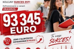 Grafika w czerwono-białej kolorystyce informuje o dofinansowaniu Zespołu Szkół Technicznych w Cieszynie . Na plakacie widoczna jest kwota, zdjęcie młodzieży oraz logotypy szkoły i Unii Europejskiej.