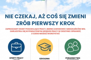 Grafika Powiatowego Urzędu Pracy w Cieszynie zachęcająca do podjęcia pierwszego kroku w kierunku zatrudnienia. Na tle nieba widoczny jest drogowskaz z napisami: praca, staż, szkolenie i dotacja. Urząd zaprasza osoby poszukujące pracy i bierne zawodowo do skorzystania z ofert pracy i staży, szkoleń oraz poradnictwa zawodowego. Dane kontaktowe: Plac Wolności 6 w Cieszynie, tel. 33 858 63 39, strona cieszyn.praca.gov.pl.