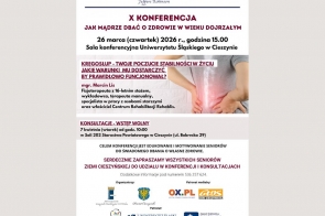 Układ z nagłówkiem o konferencji dotyczącej zdrowia w wieku dojrzałym, zdjęciem osoby trzymającej się za dolną część pleców oraz informacjami o terminie, miejscu, tematyce spotkania i konsultacjach.