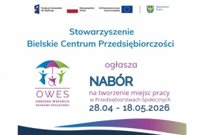 Logotypy Funduszy Europejskich i Województwa Śląskiego, poniżej informacja o naborze na tworzenie miejsc pracy w przedsiębiorstwach społecznych.