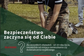 Grafika informacyjna w zielono-białej kolorystyce dotycząca programu „wGotowości”. Zawiera hasło „Bezpieczeństwo zaczyna się od Ciebie”, przycisk „Zapisz się”, kod QR oraz informację o zapisach przez mObywatel.