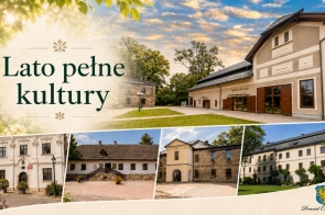 Kolaż zdjęć: pięć budynków z zielenią. Po lewej stronie widoczny jest fragment napisu, w tle drzewa i jasne niebo.  W prawym dolnym rogu Herb Powiatu.