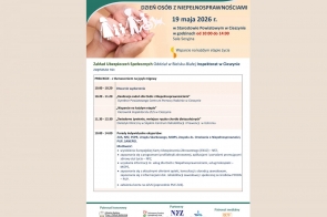 Plakat w odcieniach zieleni i beżu z grafiką dłoni trzymających papierowe postacie symbolizujące osoby z niepełnosprawnościami. Po prawej stronie znajdują się informacje o wydarzeniu oraz program spotkania.