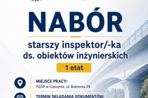Grafika w granatowo-żółtej kolorystyce o naborze do Powiatowego Zarządu Dróg Publicznych w Cieszynie. Zawiera nazwę stanowiska, liczbę etatów, termin składania dokumentów oraz dane kontaktowe.