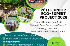 Plakat projektu z logo Zespołu Szkół im. Wł. Szybińskiego w Cieszynie. Widoczne są także zdjęcia uczestników, informacje o warsztatach ekologicznych oraz termin wydarzenia.