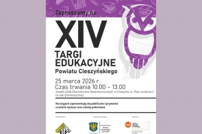 Fioletowo-biała kompozycja z dużym napisem „XIV” oraz informacjami o targach edukacyjnych, ich dacie, godzinie i miejscu, uzupełniona szkolnymi motywami i logotypami organizatorów.