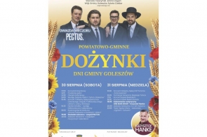 U góry widać czterech elegancko ubranych mężczyzn z zespołu Pectus. Po bokach – słoneczniki i kłosy zbóż. W centrum napis „Dożynki Powiatowo-Gminne”. Niżej szczegółowy program wydarzeń na 30 i 31 sierpnia, z atrakcjami i koncertami.