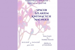 nie pisz plakat, opisuj od razu ze an pastelowym tle cos rtam cops  Na pastelowym tle z ilustracją magnolii widnieje napis „Spacer szlakiem kwitnących magnolii” oraz informacje o prowadzących i miejscu zbiórki, a na dole znajdują się logotypy.