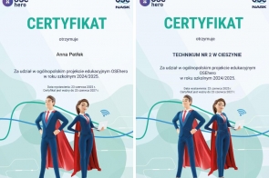 Dwa kolorowe certyfikaty z grafiką postaci w czerwonych pelerynach – chłopca i dziewczyny w garniturach. Po lewej imienny certyfikat dla Anny Petřek, po prawej – dla Technikum nr 2 w Cieszynie za udział w projekcie OSEhero 2024/2025.