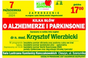 Żółto-czerwono-zielony plakat zapraszający na wykład. U góry umieszczono datę, godzinę  oraz logo Cieszyńskiego Klubu Zdrowia. W centralnej części wyróżniono nazwisko prowadzącego, a niżej informacje o bezpłatnych pomiarach i poradach. Na dole podano miejsce spotkania.