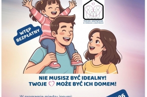 Plakat promujący piknik rodzinny z ilustracją uśmiechniętej rodziny z dzieckiem. Na plakacie znajdują się informacje o wydarzeniu, data oraz miejsce spotkania.