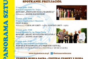 Żółto-biały plakat festiwalu Musica Sacra z niebieskimi napisami, programem wydarzeń oraz zdjęciami wykonawców i logotypami sponsorów.