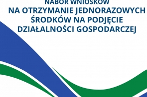 Grafika o naborze wniosków na środki na podjęcie działalności gospodarczej z logotypami oraz ozdobnymi falami w kolorze niebieskim i zielonym.
