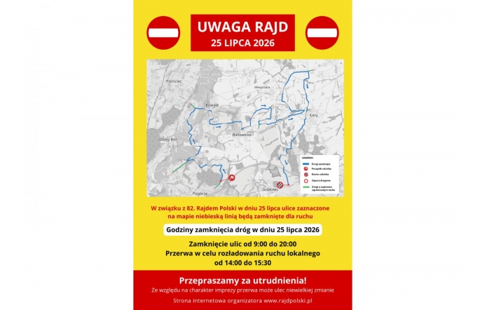 Grafika w żółtej ramce przedstawia mapę czasowo zamkniętych dróg w gminie Jasienica. Zamknięcie potrwa od 9:00 do 20:00, z przerwą dla ruchu lokalnego od 14:00 do 15:30.