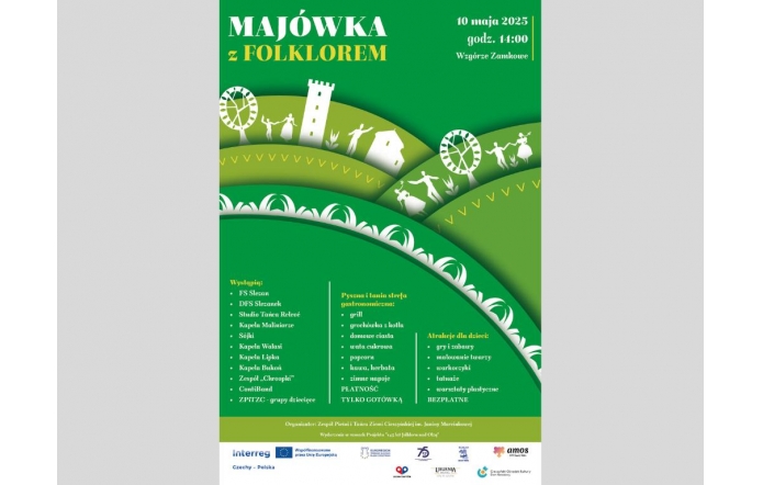 Plakat promuje wydarzenie „Majówka z Folklorem”, które odbędzie się 10 maja 2025 r. o godz. 14:00 na Wzgórzu Zamkowym. Przewidziano występy zespołów regionalnych, strefę gastronomiczną i liczne atrakcje dla dzieci. Wstęp wolny.