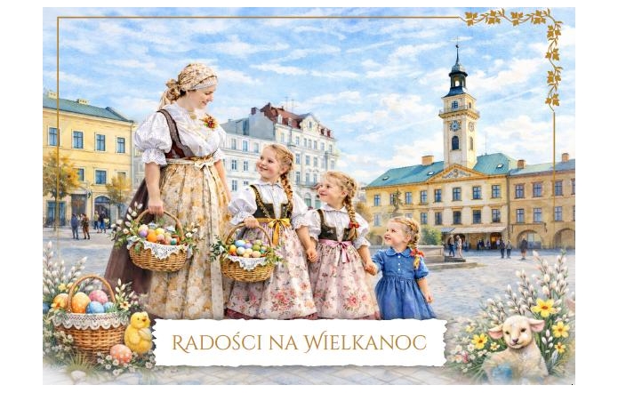 Kobieta i troje dzieci w strojach ludowych stoją na rynku z koszykami pełnymi pisanek, w tle widoczne są kamienice i ratusz, a na dole napis „Radości na Wielkanoc”.