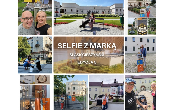 Grafika przedstawia kolaż ze zdjęciami uczestników konkursu Selfie z marką Śląsk Cieszyński. Na zdjęciach widoczne zamki, pałace, zameczki.