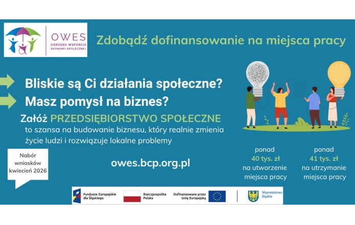 Napis o dofinansowaniu na miejsca pracy i przedsiębiorstwie społecznym na niebieskim tle, obok grafika z osobami i żarówkami oraz logotypy instytucji.