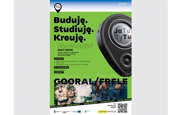 Plakat wydarzenia organizowanego na Kampusie Cieszyn. Na zielonym tle widoczne są informacje o wydarzeniu oraz zdjęcia zespołu CooBale i uczestników. Po prawej stronie znajduje się grafika głośnika.