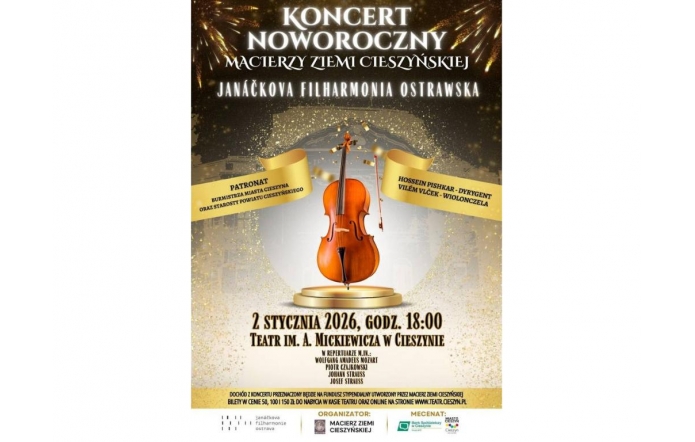 Złoto-czarna grafika z wiolonczelą na środku i fajerwerkami w tle, z tekstem o Koncercie Noworocznym 2 stycznia 2026 r. w Teatrze im. A. Mickiewicza oraz informacjami o wykonawcach i organizatorach.