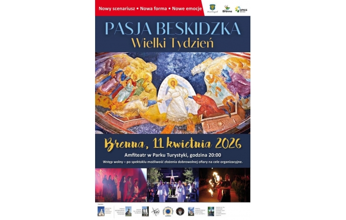 Napis „Pasja Beskidzka – Wielki Tydzień” na ciemnym tle, poniżej scena religijna, informacja o wydarzeniu w Brennej oraz zdjęcia przedstawień i logotypy organizatorów.