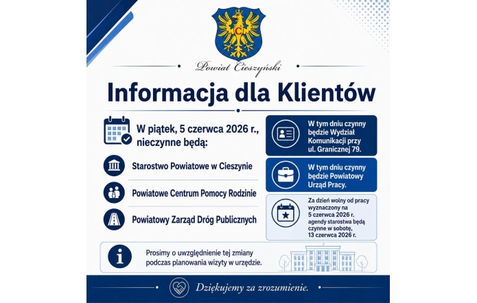 Niebiesko-biała grafika informacyjna Powiatu Cieszyńskiego z herbem u góry. Duży nagłówek „Informacja dla Klientów” oraz piktogramy przedstawiające kalendarz, urząd, pomoc rodzinie, drogę i dokumenty porządkują informacje o zmianach w pracy urzędów.