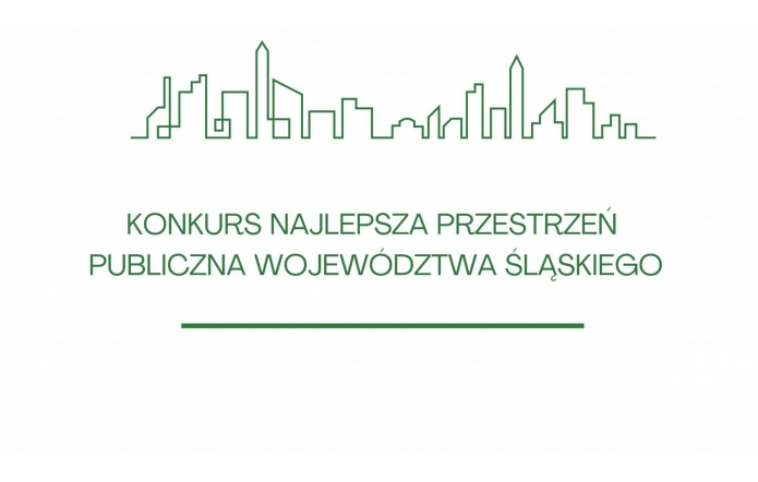 Zielony kontur panoramy miasta w górnej części grafiki tworzy wizualny nagłówek dla tekstu promującego konkurs „Najlepsza Przestrzeń Publiczna Województwa Śląskiego”; całość na białym tle zapewnia wysoki kontrast i czytelność.