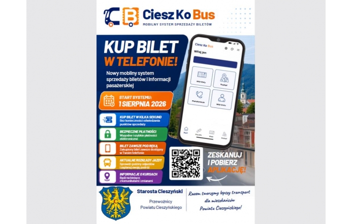 Grafika informacyjna CieszKoBus w granatowo-pomarańczowej kolorystyce. Zawiera datę startu systemu, informacje o aplikacji, kod QR do pobrania oraz ilustrację telefonu z widokiem aplikacji.