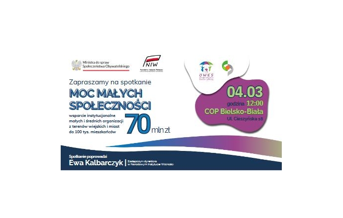 Grafika z zaproszeniem na spotkanie „Moc Małych Społeczności”. Zawiera logo każdego z współorganizatorów wydarzenia, datę i miejsce wydarzenia, oraz otrzymaną ilość środków. Grafika utrzymana jest w kolorach białym, niebieskim i fioletowym.