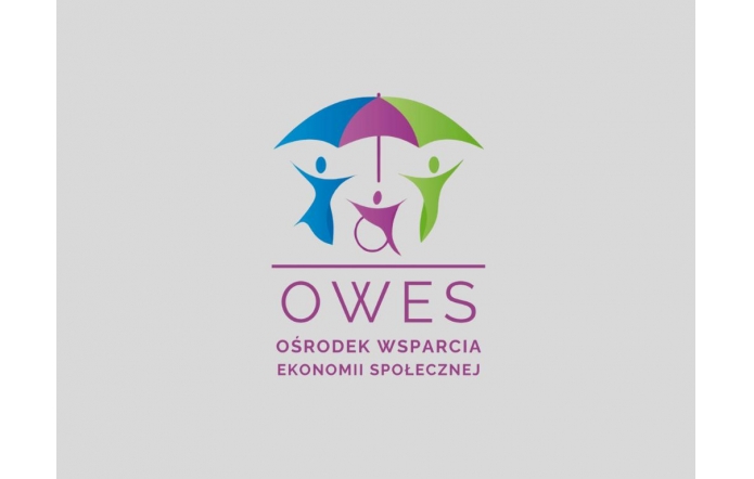 Logo OWES przedstawia trzy stylizowane postacie ludzkie (w tym jedną na wózku inwalidzkim) pod kolorowym parasolem. 