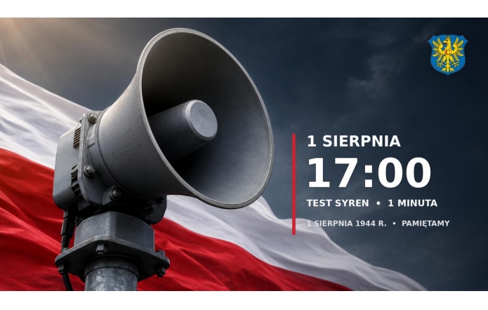 Grafika informacyjna dotycząca testu syren 1 sierpnia. Na tle biało-czerwonej flagi widoczna jest duża syrena alarmowa, a po prawej stronie znajduje się informacja o godzinie, czasie trwania testu oraz napis.