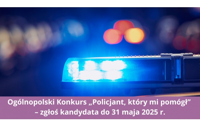 Migające niebieskie światło rozjaśnia ciemne tło, tworząc dynamiczny efekt świetlny. W oddali rozmyte czerwone i pomarańczowe punkty dodają głębi i kontrastu. W dolnej części obrazu widnieje napis informujący o ogólnopolskim konkursie, który zachęca do zgłaszania kandydatur do wyróżnienia dla funkcjonariuszy, wyróżniających się szczególnym zaangażowaniem w pomoc innym.