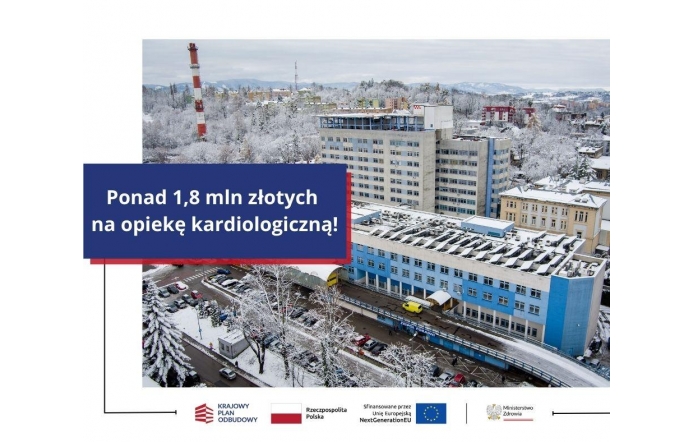 Zimowe zdjęcie lotnicze Szpitala Śląskiego, otoczonego zaśnieżonymi drzewami i budynkami. Po lewej stronie znajduje się granatowy prostokąt z napisem „Ponad 1,8 mln złotych na opiekę kardiologiczną!”. Na dole umieszczono logotypy.