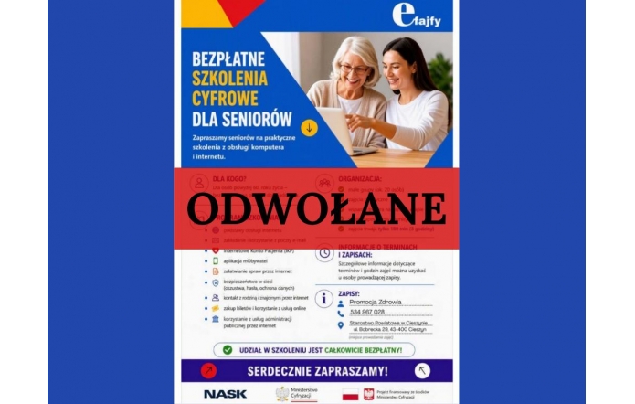 Grafika informacyjna w niebiesko-biało-żółtej kolorystyce dotycząca bezpłatnych szkoleń cyfrowych dla seniorów. Na środku widnieje czarny napis na czerwonym tle: odwołane.
