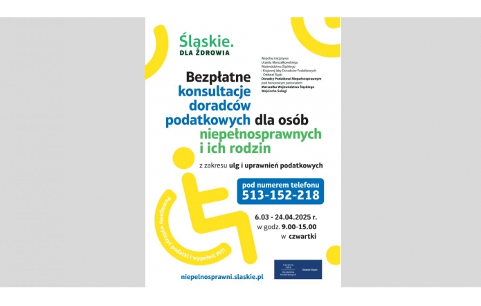Plakat informuje o bezpłatnych konsultacjach podatkowych dla osób z niepełnosprawnością i ich rodzin. Podany jest numer telefonu oraz terminy dyżurów doradców podatkowych. Dominują kolory biały, niebieski, żółty i zielony, a głównym symbolem jest piktogram osoby na wózku.