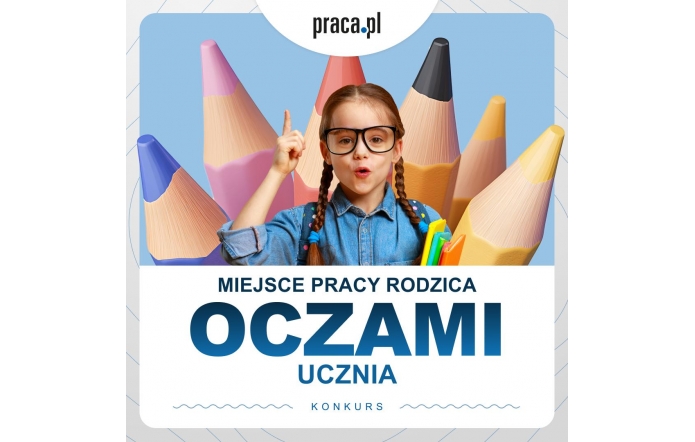 Dziewczynka z warkoczami i okularami w niebieskiej koszuli, trzyma zeszyty i unosi palec w geście pomysłu. W tle kolorowe kredki, a cały motyw związany jest z konkursem o miejscu pracy rodzica widzianym oczami ucznia.