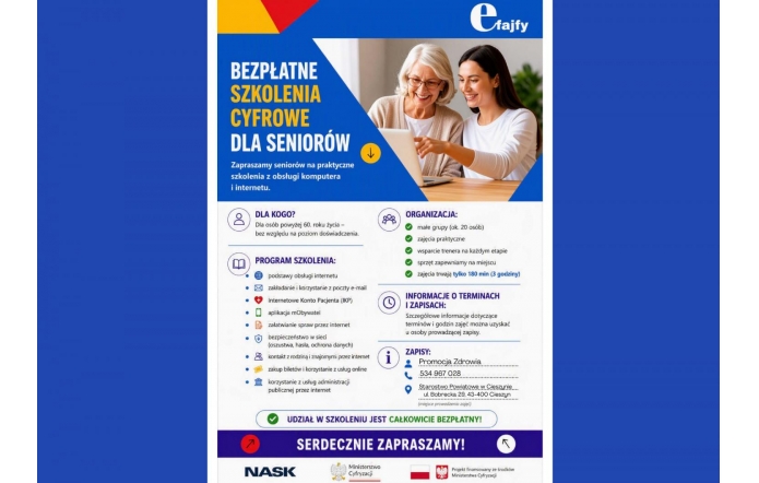 Grafika informacyjna w niebiesko-biało-żółtej kolorystyce dotycząca bezpłatnych szkoleń cyfrowych dla seniorów. Zawiera zdjęcie dwóch osób przy laptopie, program szkolenia, informacje o organizacji zajęć, zapisach, numer telefonu oraz logotypy instytucji na dole.