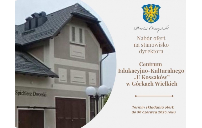 Grafika składająca się ze zdjęcia fragmentu budynku Spichlerza (po lewej stronie) oraz informacji tekstowej o konkursie na dyrektora placówki.