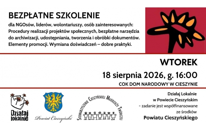 Biała grafika z czarnym tekstem i czerwonymi liniami oddzielającymi poszczególne części plakatu. W prawym górnym rogu znajduje się czerwone pole z czarno-pomarańczowym symbolem. Na dole umieszczono logotypy organizatorów i partnerów. W centralnej części dużym tekstem wyróżniono datę i miejsce szkolenia.