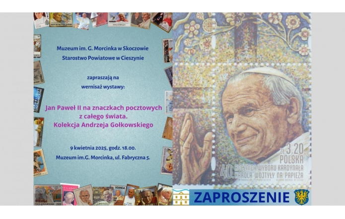 Kolorowe zaproszenie na wystawę znaczków z Janem Pawłem II. Po lewej data i miejsce wydarzenia, po prawej mozaikowy znaczek z wizerunkiem papieża, napisem „40. rocznica wyboru Karola Wojtyły na papieża” i tekstem „ZAPROSZENIE”.