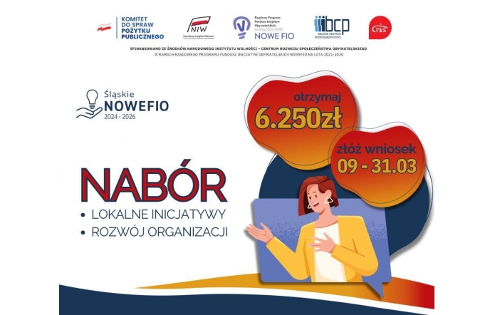 Na jasnym tle widoczne są logotypy. Po lewej stronie znajduje się napis „Śląskie NOWEFIO 2024–2026”. Centralnie umieszczono duży napis „NABÓR”. W dolnej części znajduje się ilustracja kobiety oraz dekoracyjne elementy graficzne.
