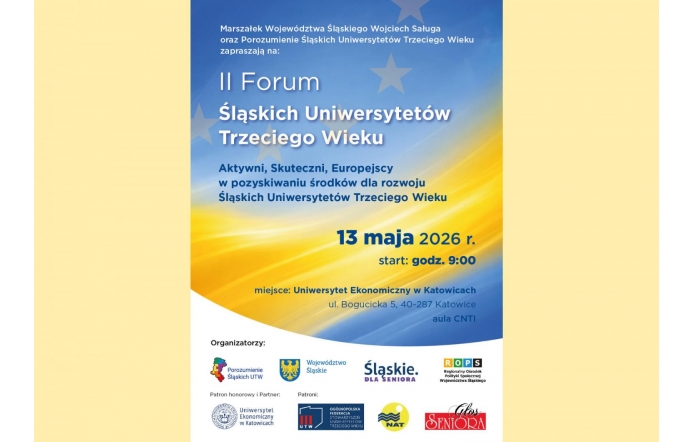 Informacja o forum z datą, godziną i miejscem wydarzenia oraz logotypami organizatorów; całość na jasnym tle z gradientem w odcieniach niebieskiego i żółtego.