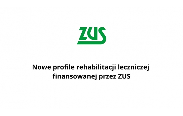 Logo ZUS w zielonym kolorze na białym tle, poniżej czarny napis: „Nowe profile rehabilitacji leczniczej finansowanej przez ZUS”. Grafika ma charakter informacyjny i urzędowy.