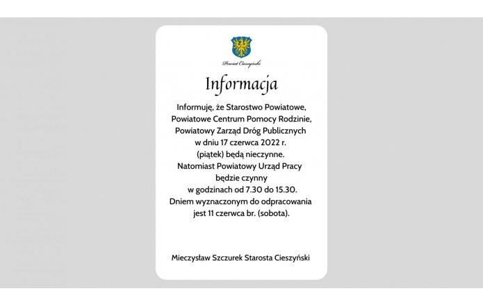 17 czerwca Starostwo nie będzie czynne! 