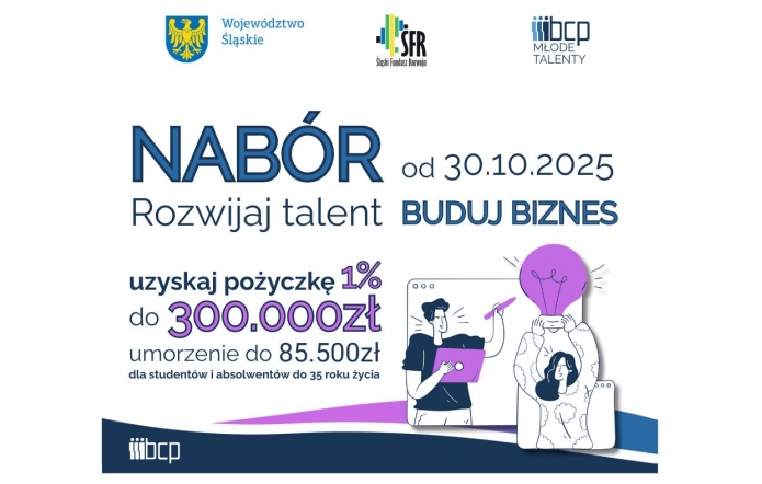 Duży napis „Nabór” z datą, obok informacje o pożyczce do 300 tys. zł i warunkach wsparcia, jasne tło, niebiesko-fioletowe elementy oraz ilustracje postaci.