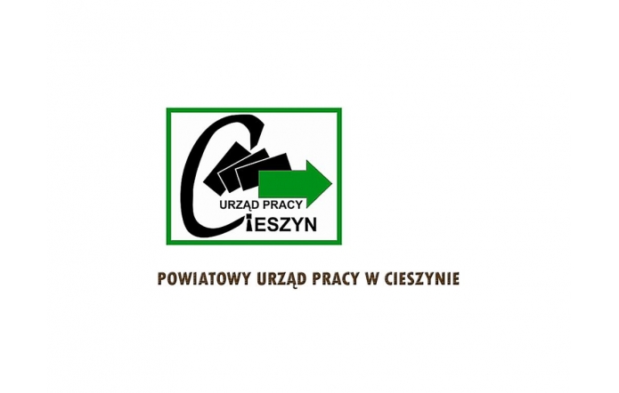Na białym tle logo Powiatowego Urzędu Pracy w Cieszynie: stylizowana czarna litera „C”, zielona strzałka w prawo oraz napis „Urząd Pracy Cieszyn”.