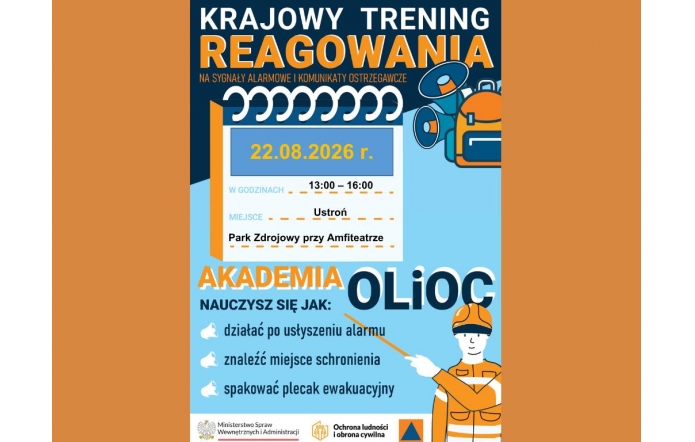 Pomarańczowo-niebieski plakat „Krajowy Trening Reagowania”. Grafika zawiera ilustracje megafonów, plecaka ewakuacyjnego i osoby w stroju ochronnym oraz krótką listę zasad reagowania na alarm.